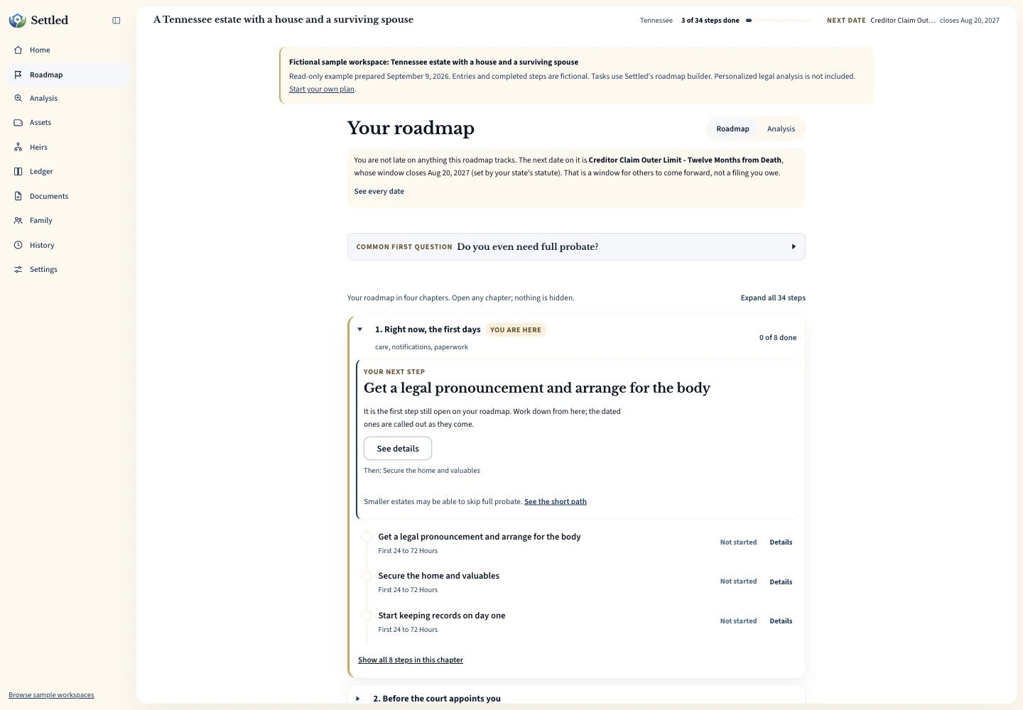 Settled estate settlement software displaying a fictional estate workspace